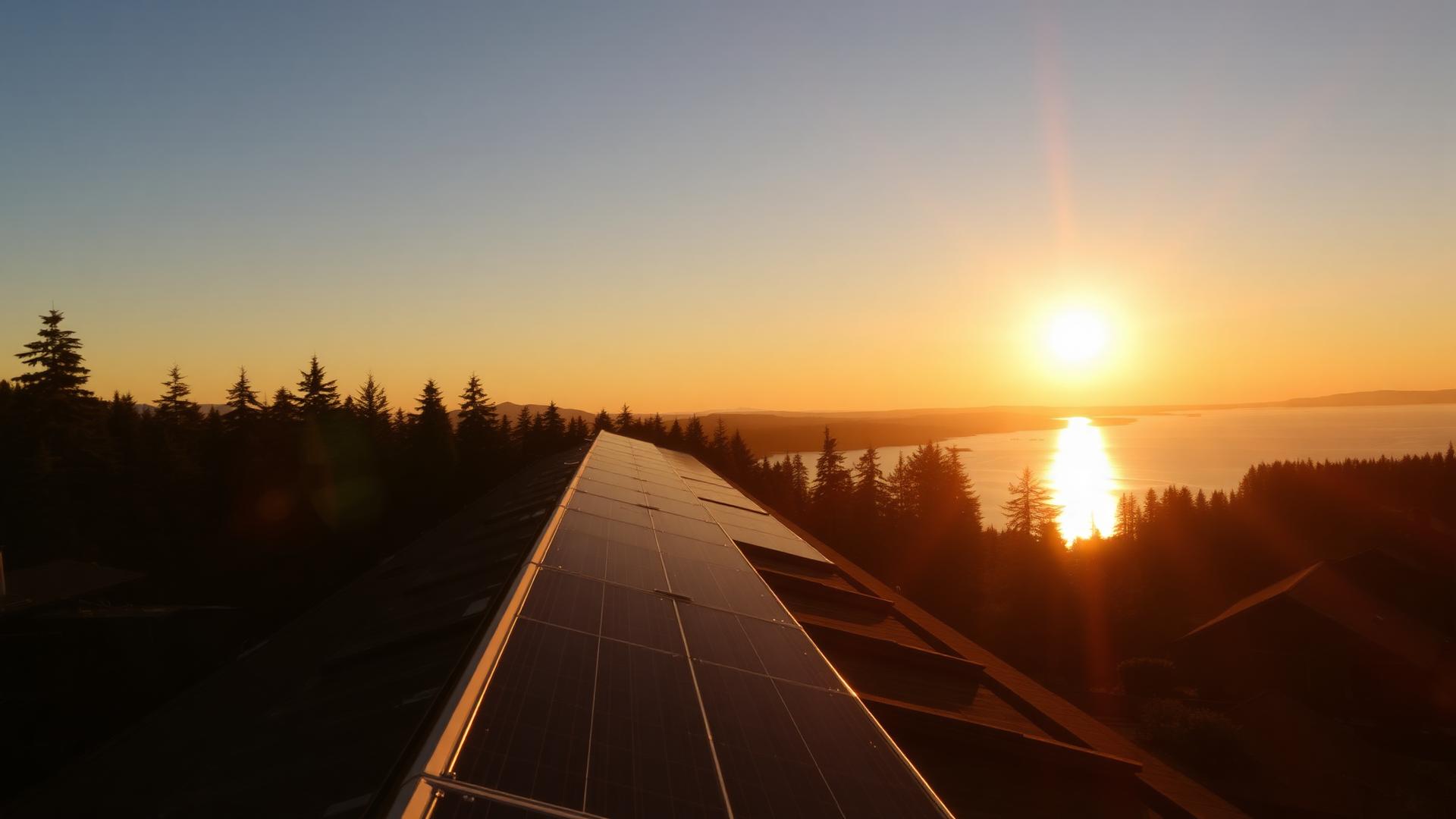 Rooftop solar panels glowing in warm evening light